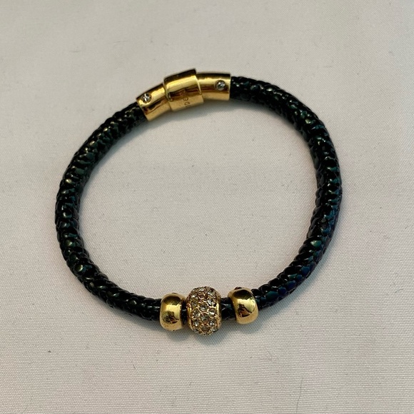 HENRI BENDEL Black Sparkly Leather Bracelet Gold Crystal Bead R $148 - Picture 6 of 6